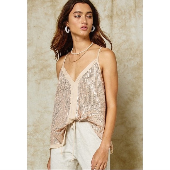 Pink Sequin V-Neck Spaghetti Strap Top - Picture 3 of 5